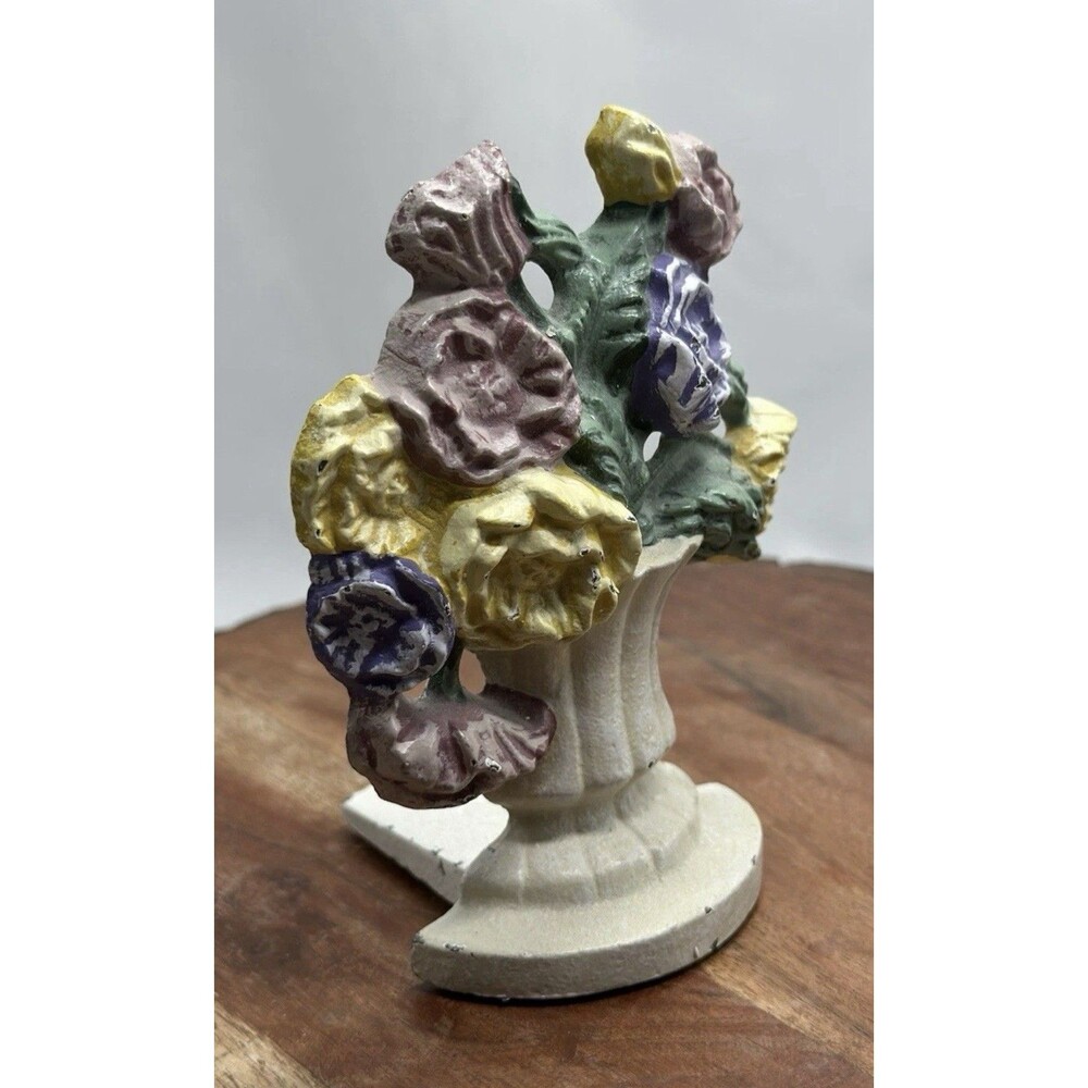 Cast Iron Flower Floral Basket Bouquet Door Stop 5 1/4” Solid Bookend